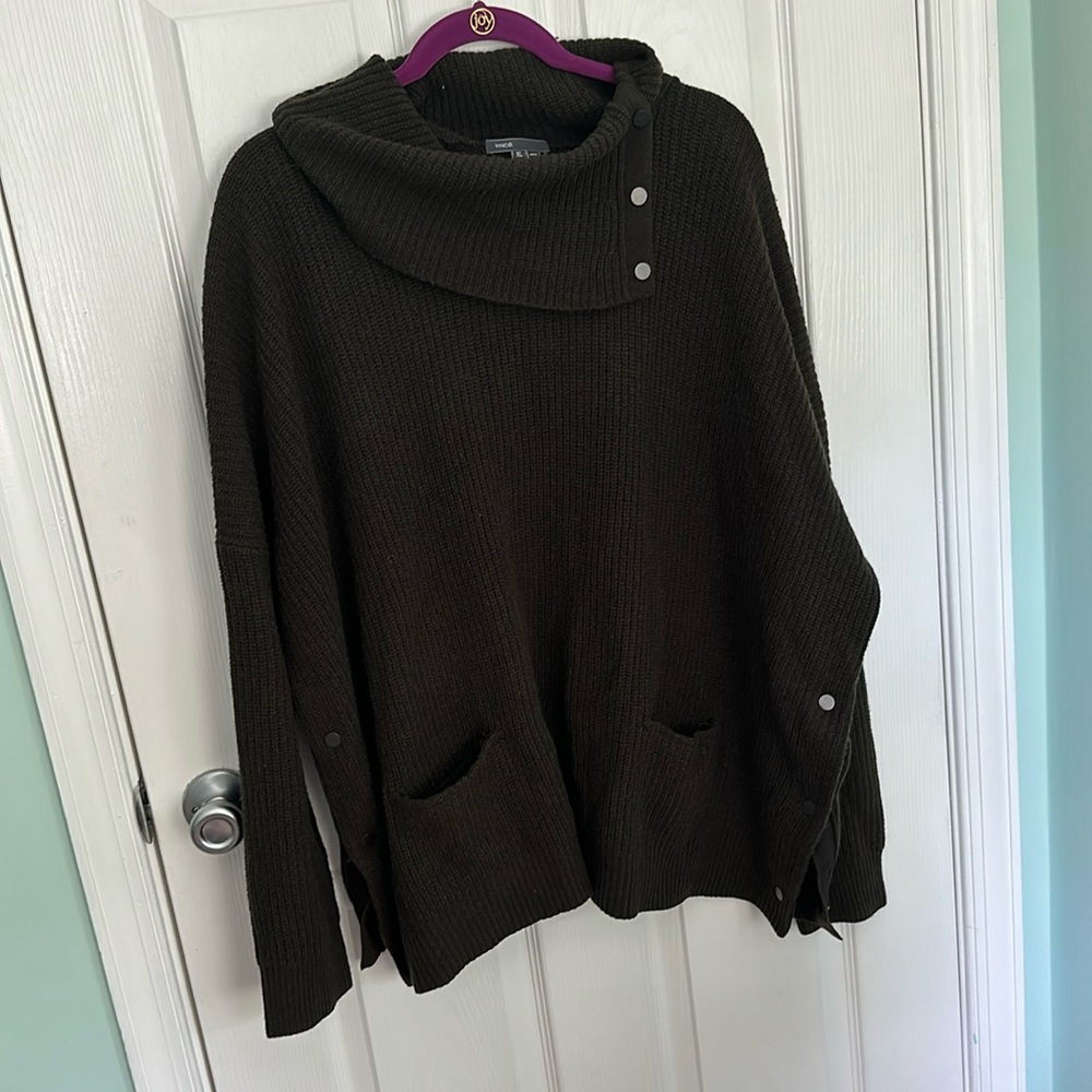 Oversized Vince sweater. Olive knit with cowl neck, button details, and pockets.